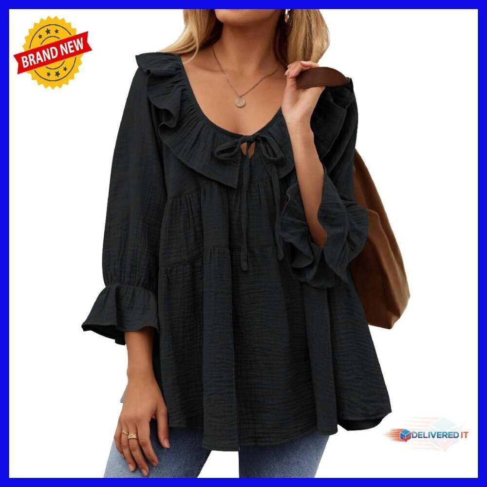 Soft Cotton Tunic Top with Ruffle Tiered Front and 3/4 Sleeves